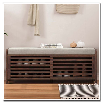 Banc de rangement patiné avec coussin et porte coulissante