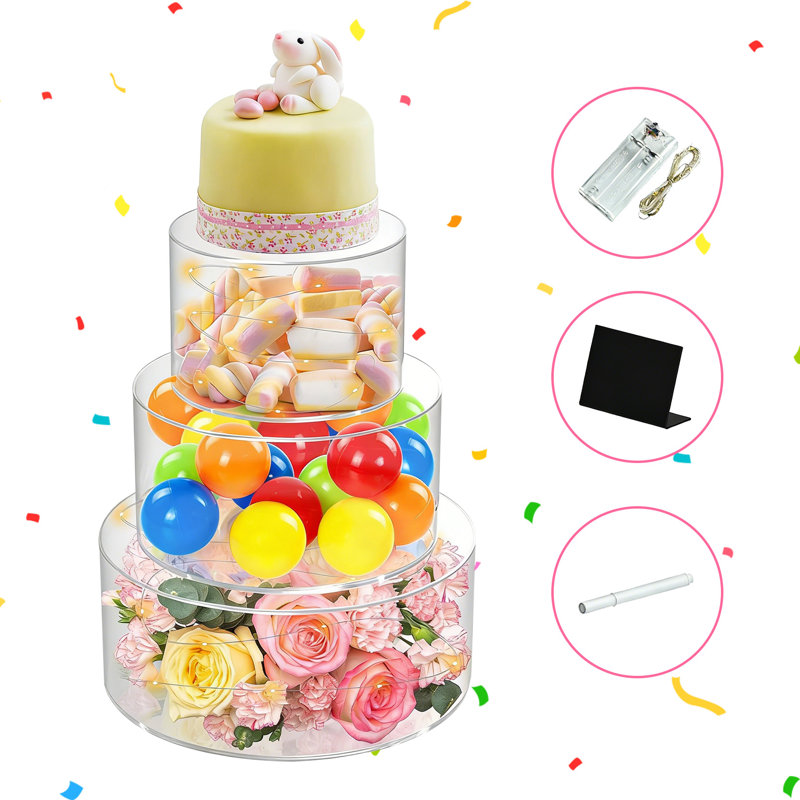 Présentoir à gâteaux en acrylique 3 pièces à DEL 6/8/10 pouces transparent et remplissable pour fête d'anniversaire de mariage
