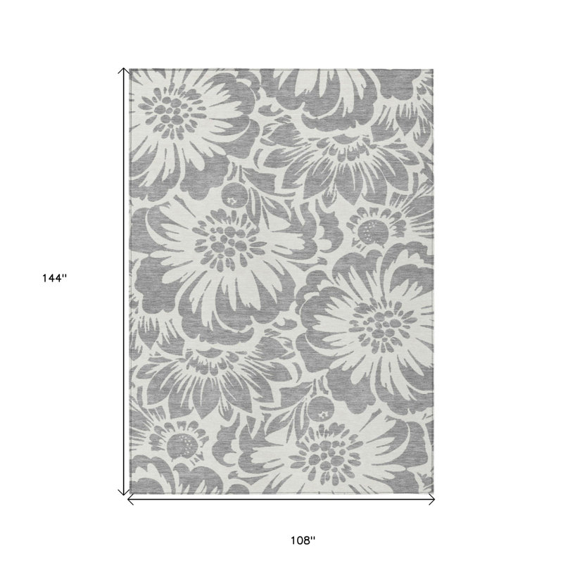 Tapis intérieur lavable antidérapant à motif floral gris et ivoire 9 pi x 12 pi