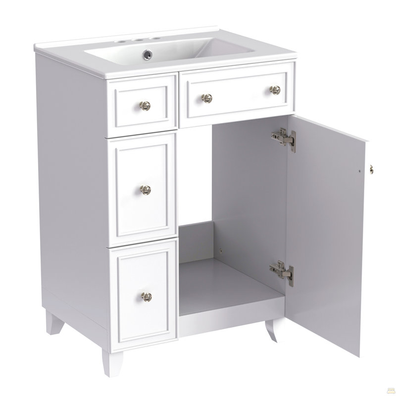 Armoire de meuble-lavabo 24 po avec lavabo en céramique, 2 tiroirs, 1 porte, White