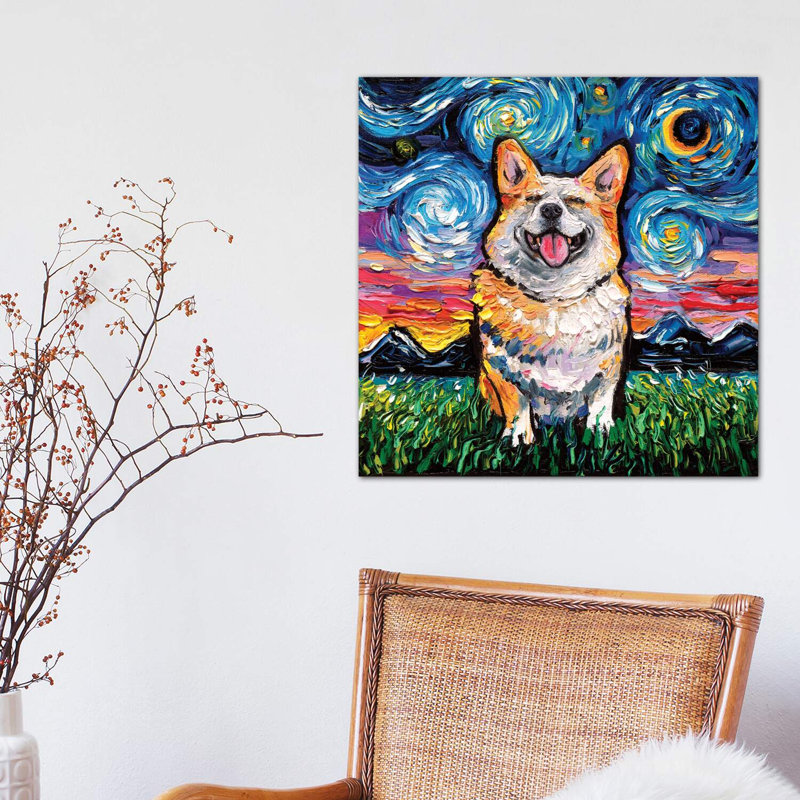 Smiling Corgi Night by Aja Trier - Wrapped Canvas Painting, 45.72 cm H x 45.72 cm W x 1.91 cm D