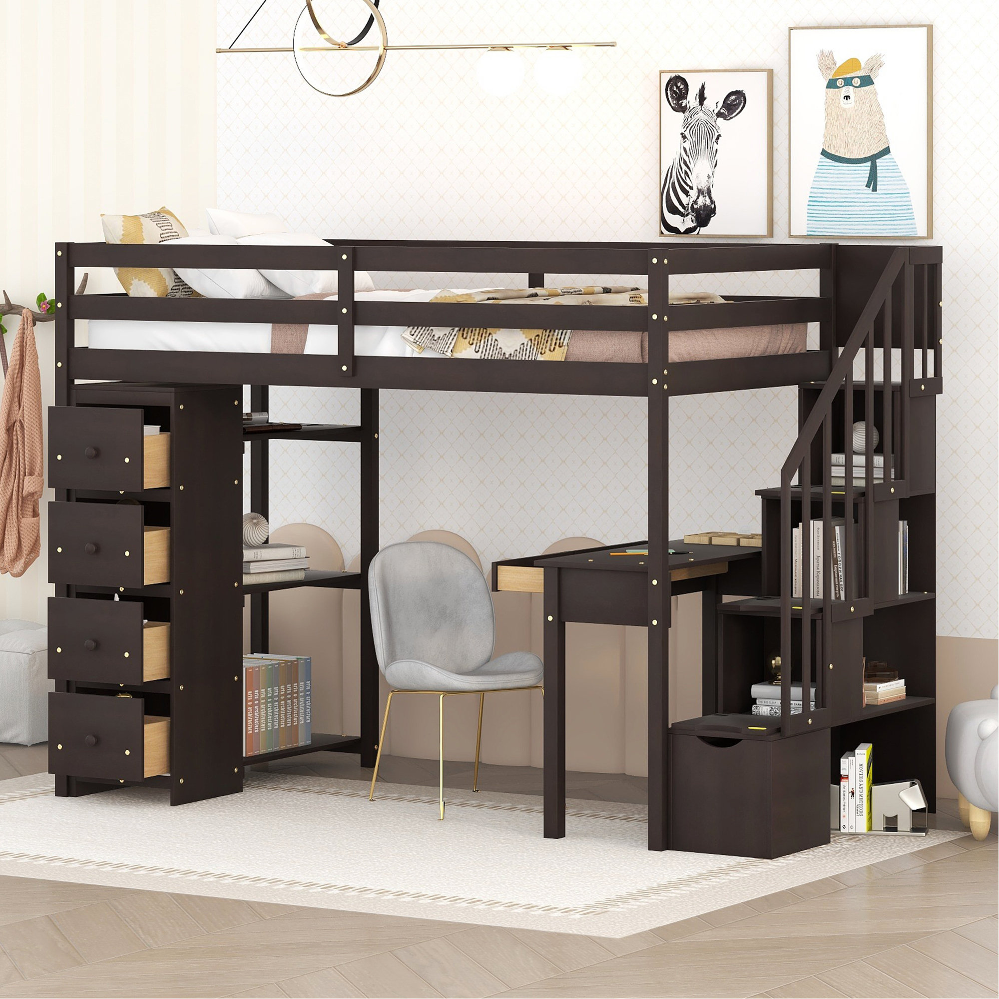Latitude Run® Twin Size Loft Bed With Storage Drawers ,Desk And Stairs ...