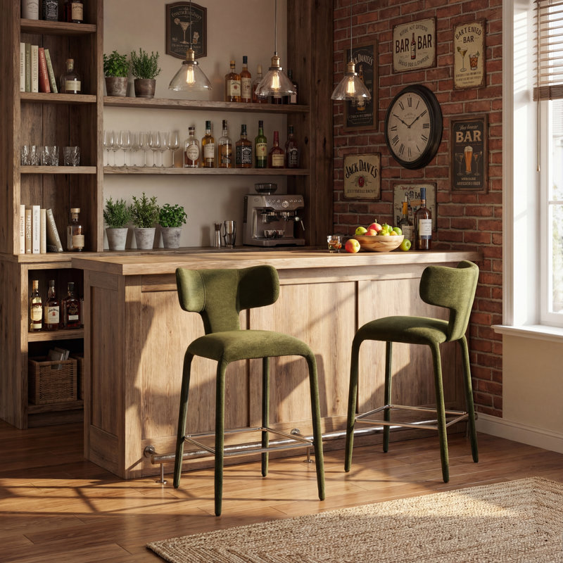 Modern Upholstered Counter Bar Stools with Back Kitchen Island Stools, Green Fabric Bar Stools for Breakfast Nook, Industrial Chic Metal Legs