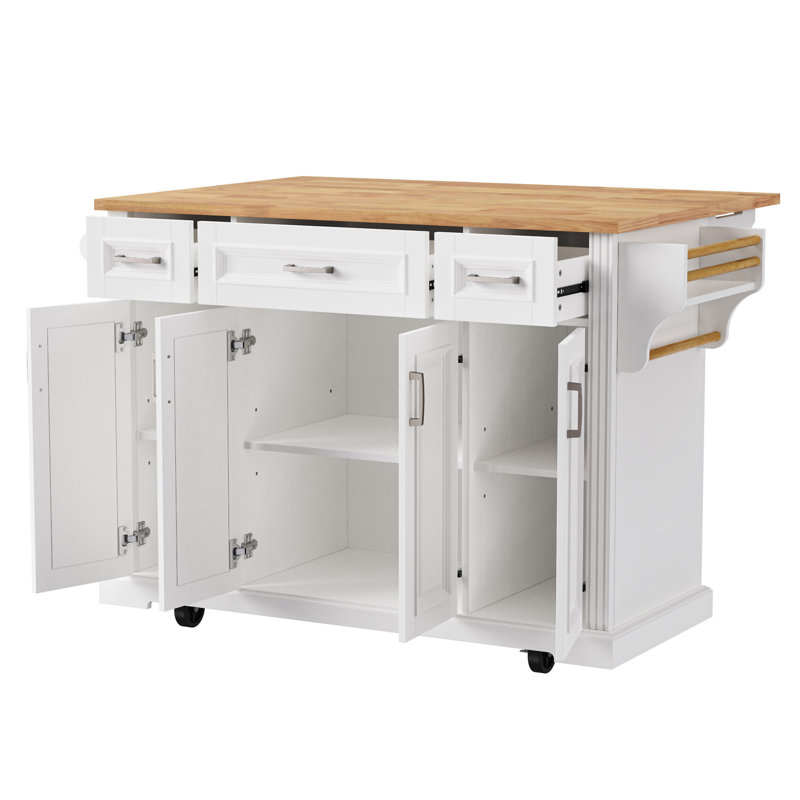 54Inch Large Kitchen Island With Rubber Wood Drop Leaf, White