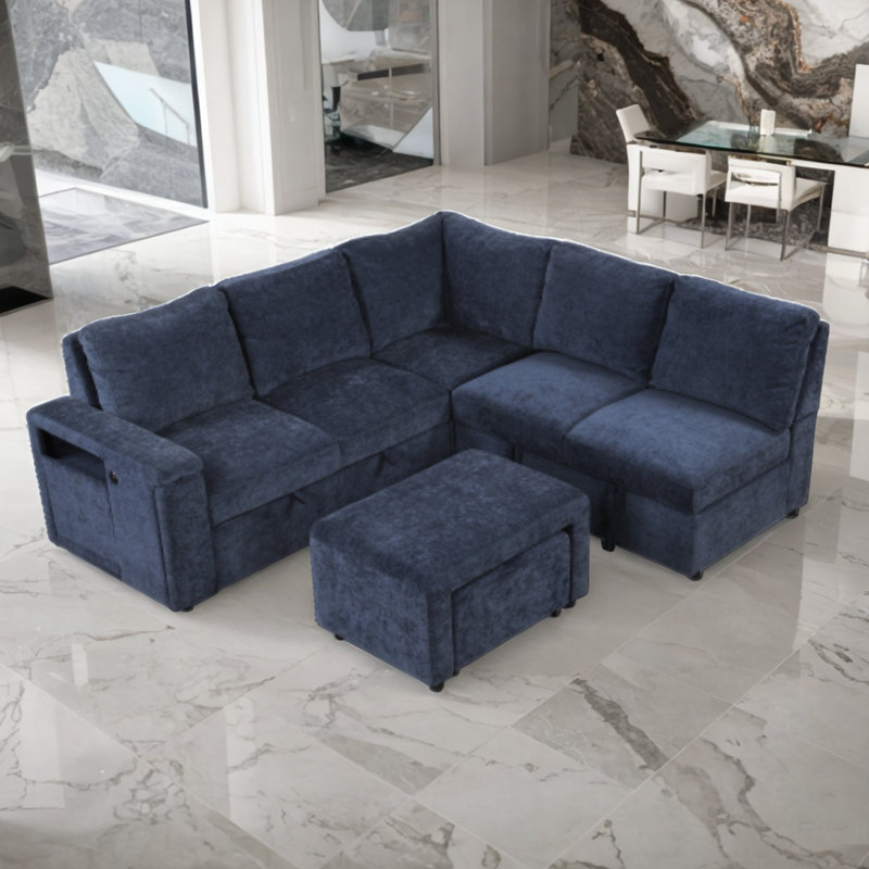 Melihate Upholstered L-Shaped Sectional with Ottoman Symmetrical, Blue Polyester