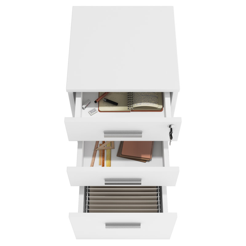 Galia Lazio Hanging File Cabinet W/ 3 Lockable Drawers & Wheels, White/White