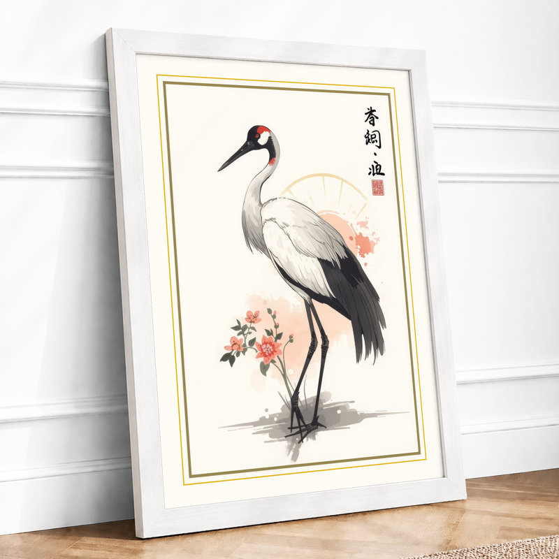 Crane with Blossoms Japandi - Framed Print, A2 - 59.4 x 42.0 cm, White
