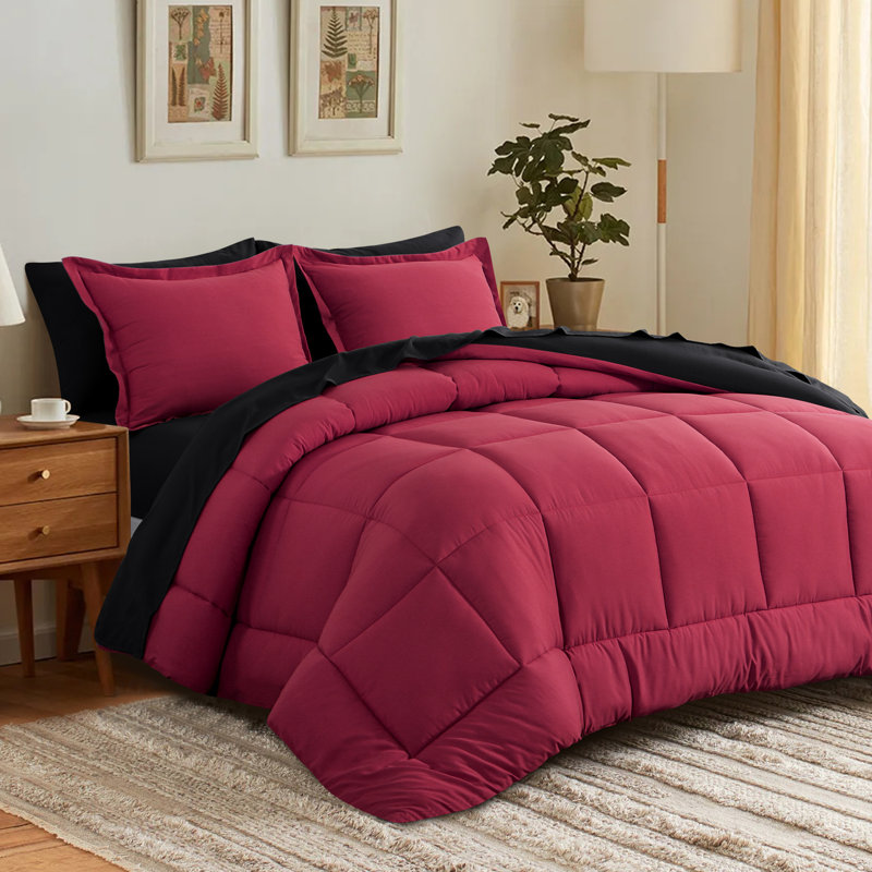 Ensemble d'édredon en microfibre 5/7-pièces , Édredon double et 6 pièces supplémentaires, Rouge / Noir