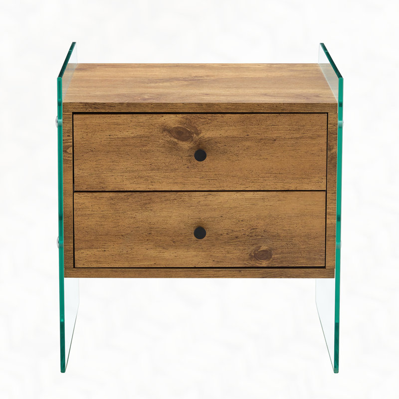 Double-drawer bedside table. The board surface is MDF with grain sticker, and both sides are transparent tempered glass. The design is simple and elegant, with excellent storage functions