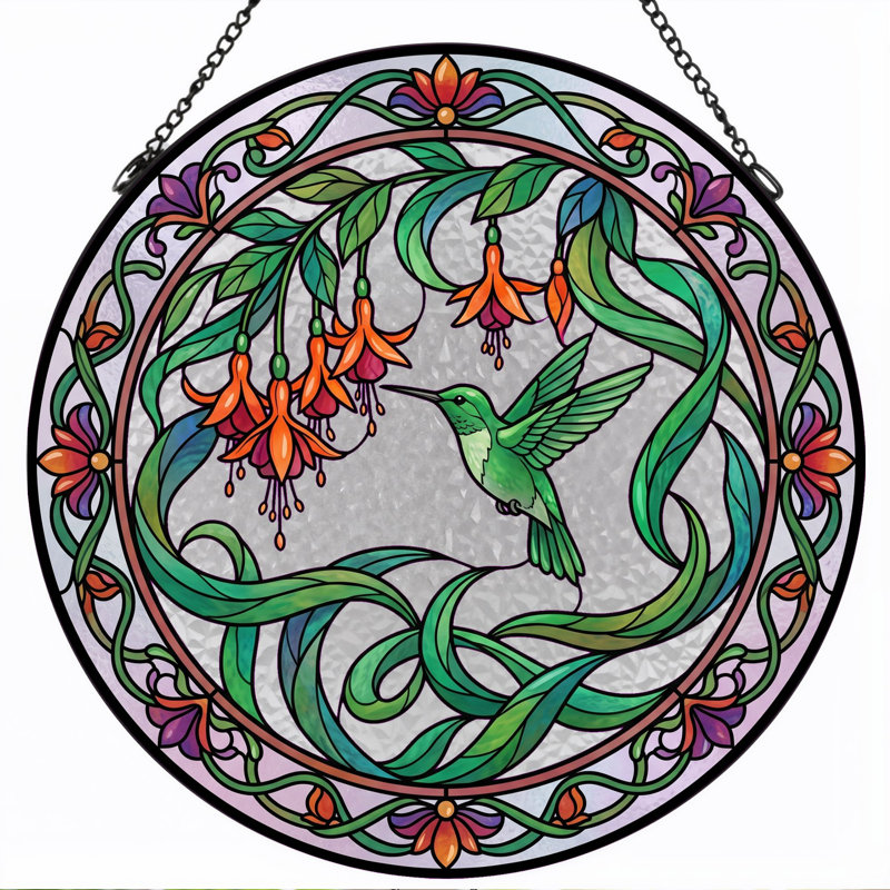 Vitrail de vitrail Hummingbird Floral - 7,8 H, 7.8"H