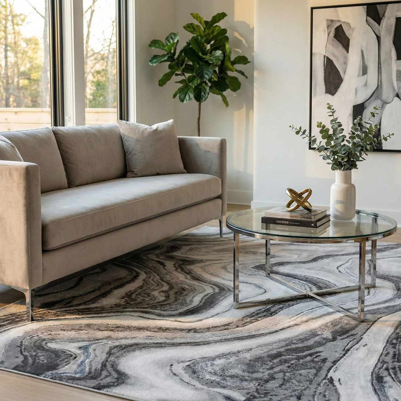 Charniqua Marble Swirl Design Grey/Black Area Rug, Rectangle 5'3" x 7'