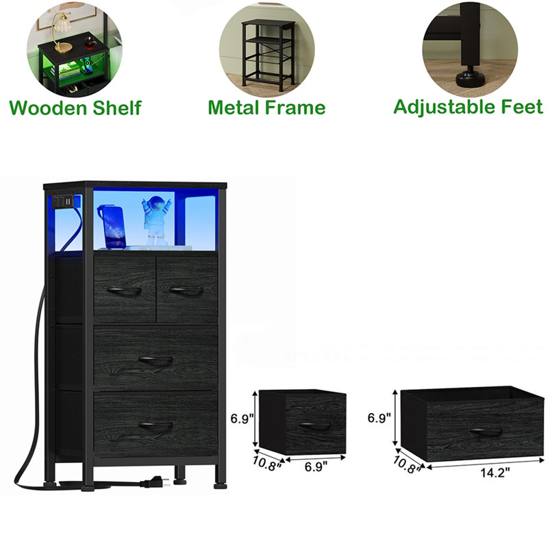 Table de chevet multifonctionnelle avec station de charge, lumières DEL et rangement, Noir, noir, noir, noir