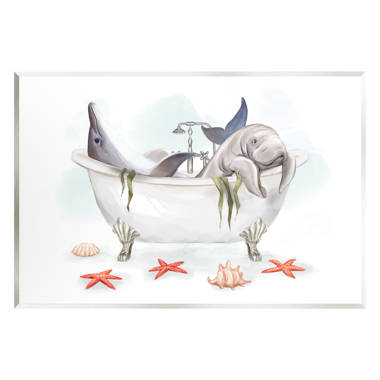 Stupell Industries Manatee Sea Life Swimming Bathtub Bathroom Painting Graphic Art White Framed Art Print Wall Art, Design by Ziwei Li