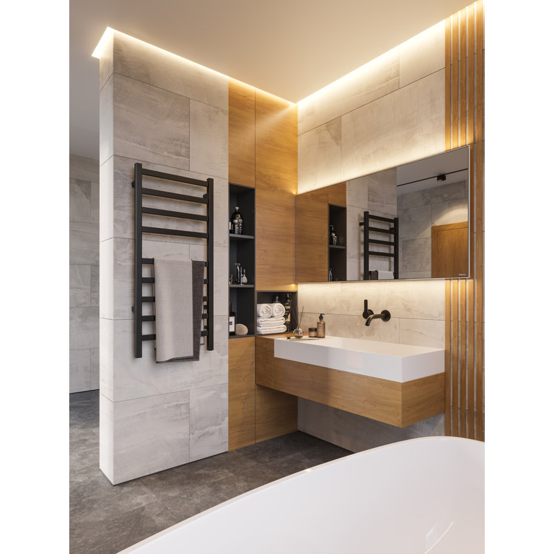 Chauffe-serviettes mural en acier 24 po x 40 po Kontour - noir mat, câblé, rails carrés, H 40 po x l 24 po x P 4 po, Noir mat