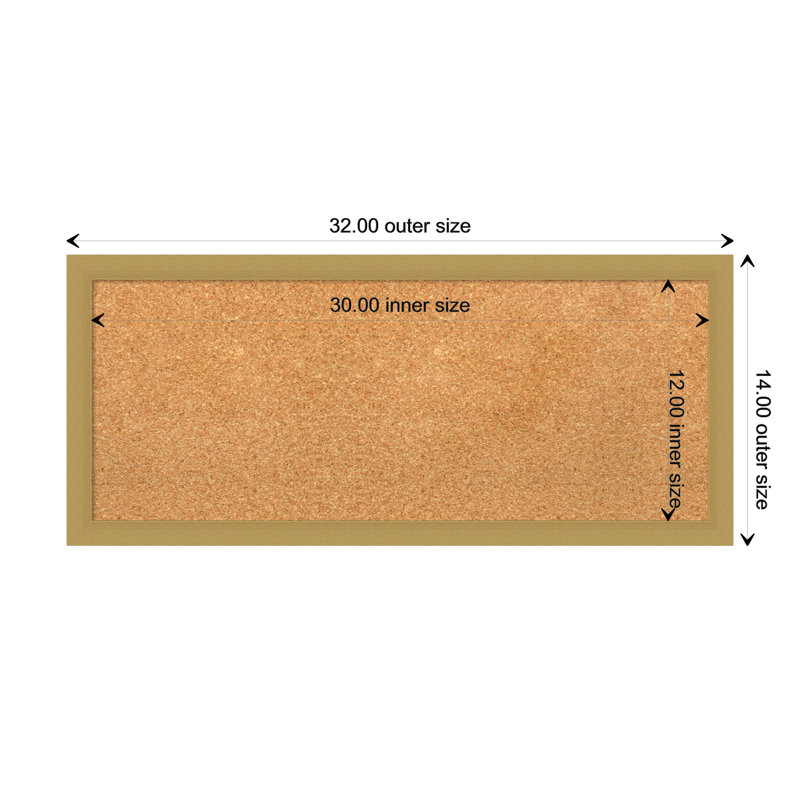 Natural Cork Bulletin Board with Gold Plastic Frame, 14" x 32"