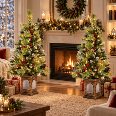 Sapin de Noël artificiel vert / blanc 4 pi avec 100 lumières blanc chaud et base de lanterne (ensemble de 2)