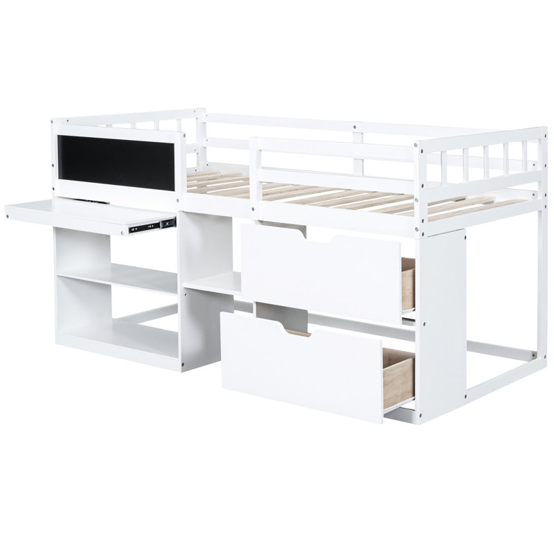 Lit mezzanine simple bas blanc avec bureau, tablette, tiroirs - Qualité de fabrication solide et bureau en bois pour un espace de chambre fonctionnel