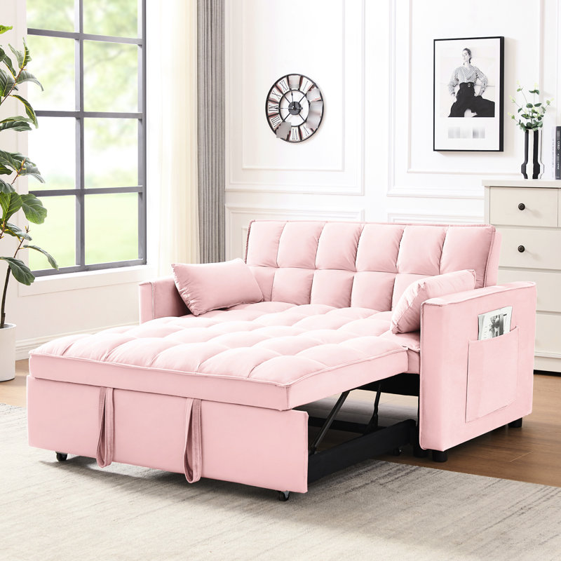 Velours 3 en 1 convertible rose avec lit escamotable et coussins de soutien pour un salon confortable