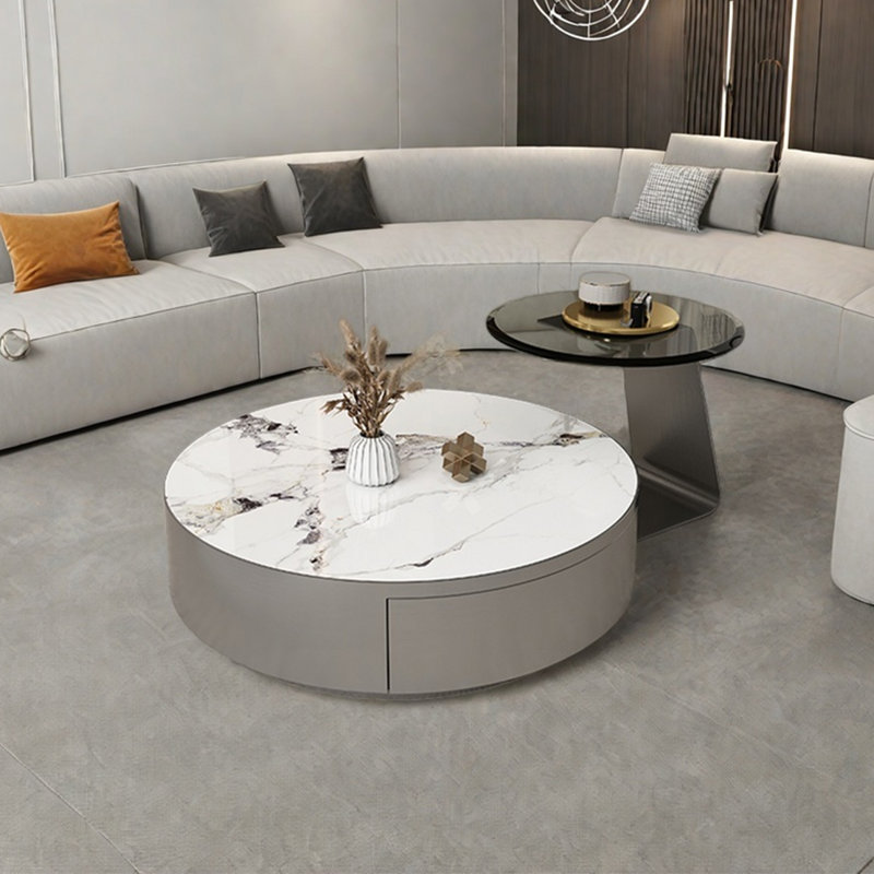 Modern simple oval rock plate coffee table, 12.6" H x 35.4" L x 35.4" W