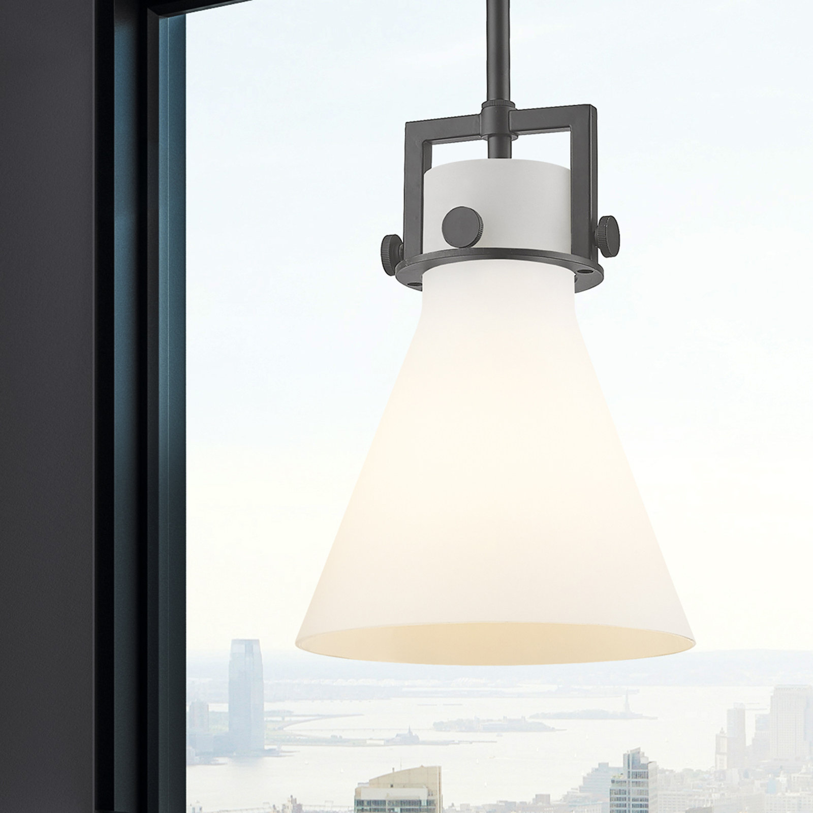 Coterie Single Light Glass Dimmable Pendant, Matte White, Matte Black, 11.38" H x 8" W x 8" D
