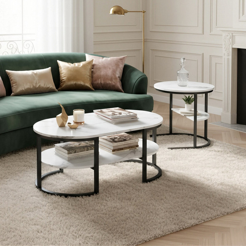 80Cm Modular Coffee Table Set (Set Of 2), Interlocking Round Side Table & Oval Table With Shelf,, Black