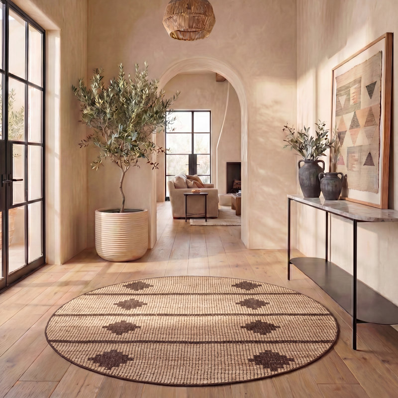 Kobey Natural Fiber Flat Weave Jute Pile Southwestern Rug, Round 6'