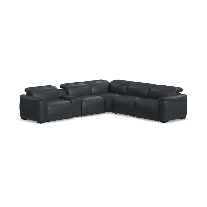 Caldwell 5 Seat Sectional With Console, Blue Geniune Leather