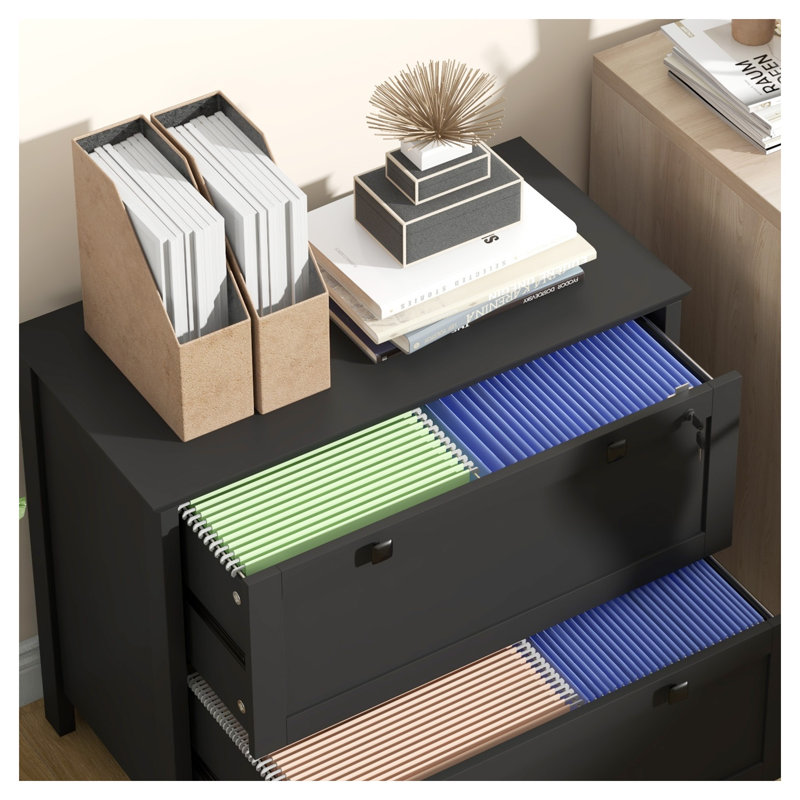 Classeur latéral à 2 tiroirs avec barre de suspension réglable, rangement de bureau en panneau de particules noir