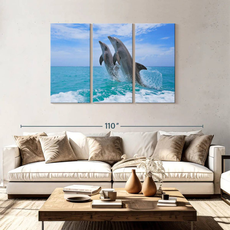 Bramph dauphins jouant en mer, H 48 po x l 74 po