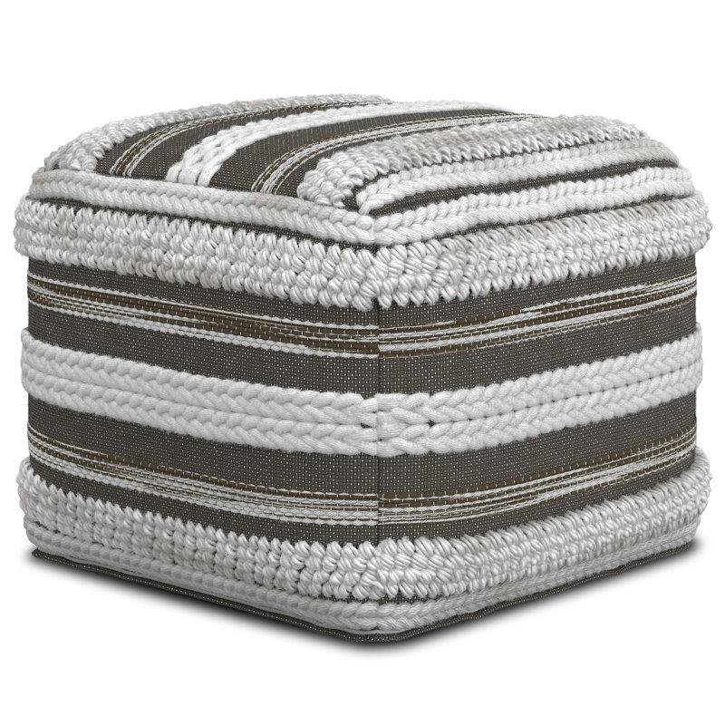 Sommer 18"W Handcrafted Cotton Square Pouf, Natural/Taupe Grey Cotton/Polystyrene Filling