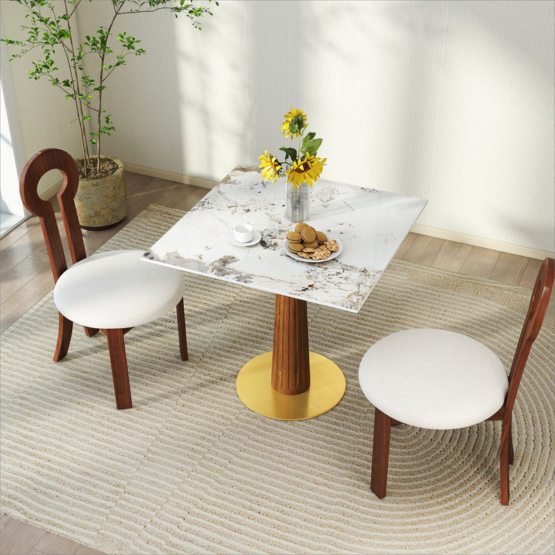 Modern Square Dining Table, 33.5" Sintered Stone Table with Wooden Leg & Gold Base, 2 - Person Kitchen Table for Small Space, 150lbs Weight Capacity