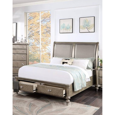 Très grand lit antique argenté avec tête de lit tapissier à deux panneaux et tiroirs, mobilier de chambre à coucher de luxe moderne en pin, placage de bouleau, tête de lit en contreplaqué avec cadre en similicuir, tiroirs en finition, A