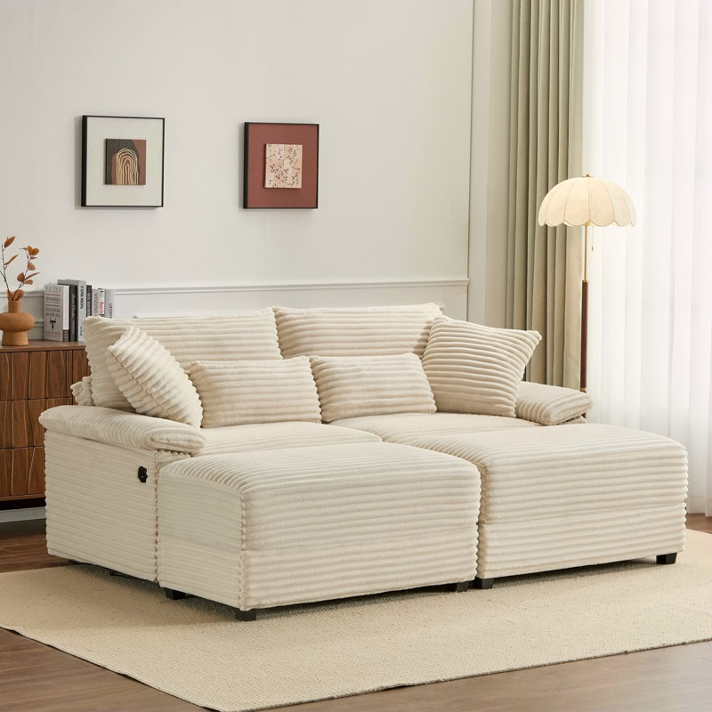 Ensemble de chaise longue double avec repose-pieds réversible - Velours côtelé doux, rangement, port USB, siège / table multifonctionnel pour le salon