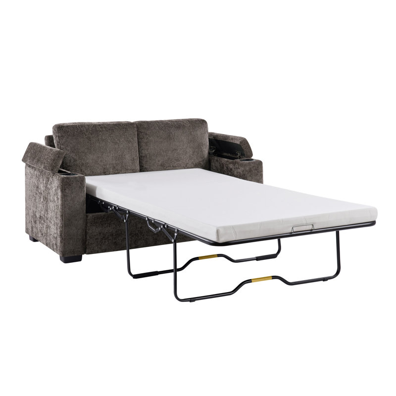 Canapé-lit convertible de 56,7 po avec causeuse convertible avec matelas double, deux porte-gobelets et un espace de rangement pour les accoudoirs pour le salon et l’appartement