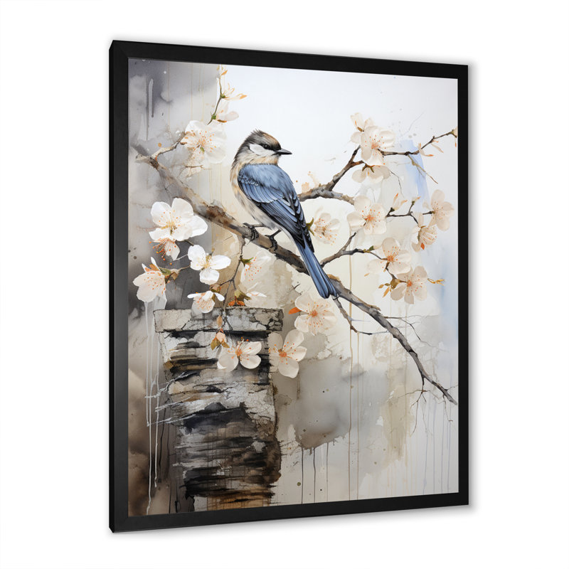 Asian Art Bird Sumi V - impressions sur toile asiatiques, H 20 po x l 12 po x P 1 po, Cadre photo noir simple