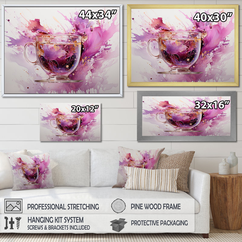 Vibrant mauve éclaboussures de vin - art mural vin, Cadre flottant doré, H 24 po x l 32 po x P 1 po