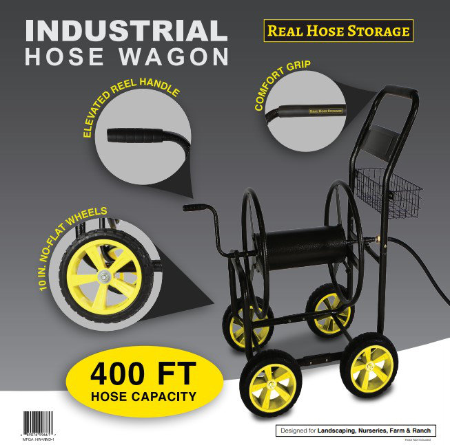 Real Hose Storage 4-Wheel Industrial Hose Reel Cart with No-Flat Wheels, 400ft Hose Capacity, Fully Enclosed Drum (4-Wheel - 400ft Capacity)