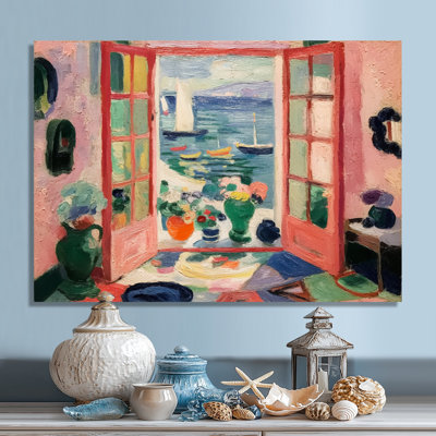 «Italian Summer Window Scenery - Coastal Windows», reproduction d'art sur toile rose