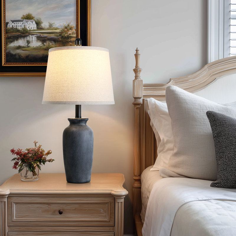 24.5" Ceramic Bedside Table Lamp with Oatmeal Fabric Shade, 2-Way Switch, LED Bulb Included, Black