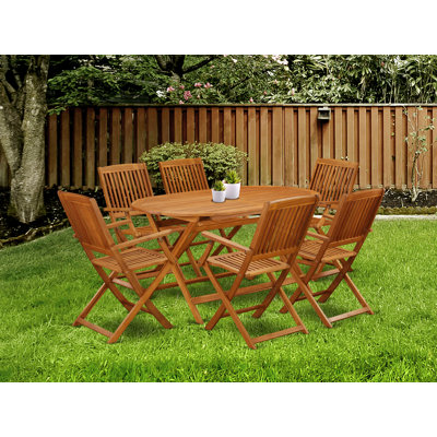 Ensemble de table de jardin 7 pièces comprenant une table de salle à manger d'extérieur ovale en bois d'acacia et 6 chaises pliantes, 36 po x 60 po, huile naturelle