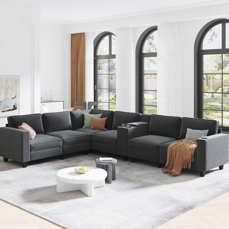 Corduroy 6 L 133,4 po x 94,4 po avec grand rangement, charge, sièges interchangeables, rembourrage en mousse grise, base en fer, console centrale à configuration simple, espace, réglage du siège, doux, routine rapide