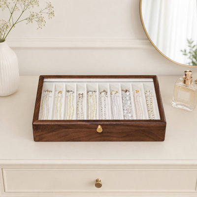 Organisateur de collier en bois de noyer noir avec couvercle en verre transparent, boîte de rangement pour bijoux à 10 fentes pour chaîne suspendue, bracelets