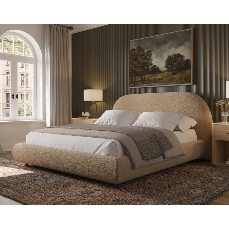 Modern Bedroom Platform Bed with Arched Headboard,  Performance fabric, King, Brown