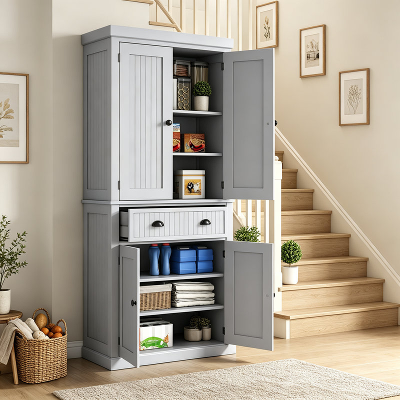 Multi-Storage Mid-Century Kitchen Cabinet - Grey
