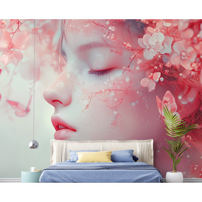 Papier peint à motif de papillons en fleurs - Portrait floral féminin avec papillons et pétales roses pour chambre de fille, décor de spa, art esthétique féminin (Peel-N-Stick) VN268