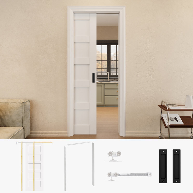 Porte coulissante compacte pré-finie 32 pouces x 80 pouces avec poignées noires et cadre de porte blanc, 32 po x 80 po