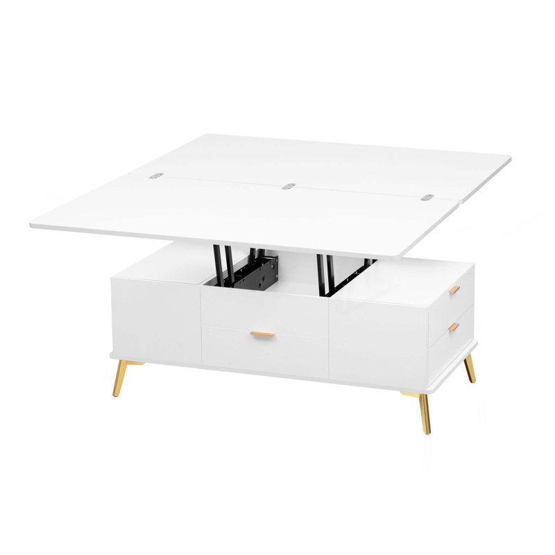 Table basse à plateau relevable moderne avec tiroirs Modern, Blanc / Doré