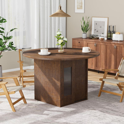Table de salle à manger 47 "ronde pour 4 à 6 personnes, table de cuisine carrée moderne avec tablettes de rangement à 2 niveaux, porte coulissante en verre cannelé, grain de bois brun