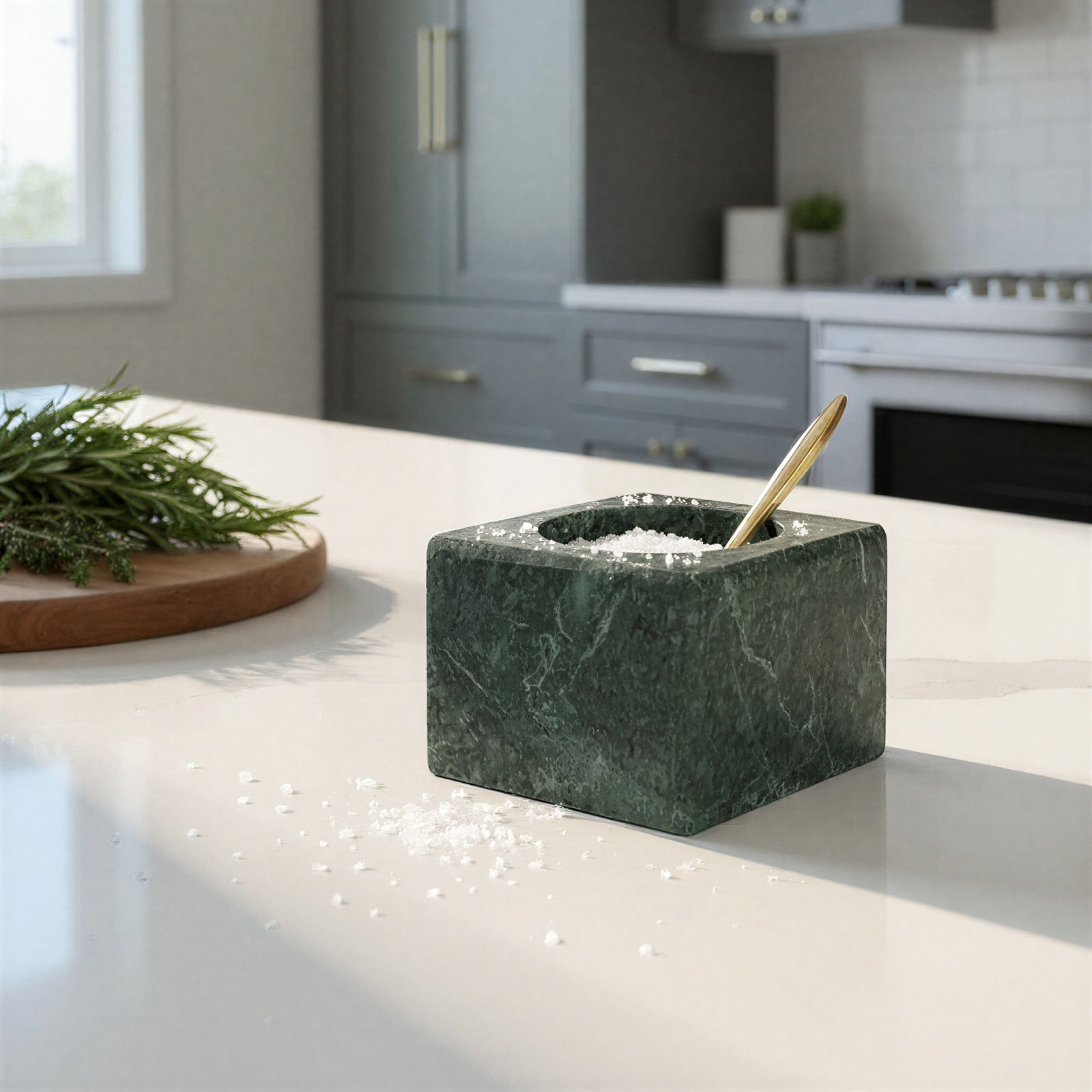 Fenster Square Marble Bowl with Brass Spoon, Green