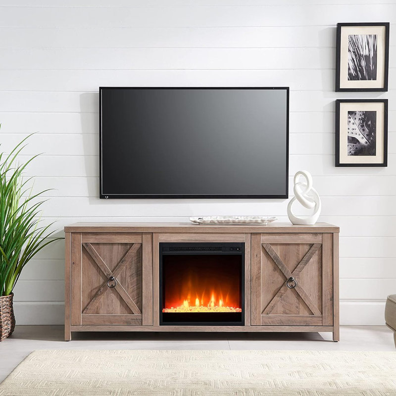 Meuble télé rectangulaire avec foyer en cristal pour téléviseur en chêne